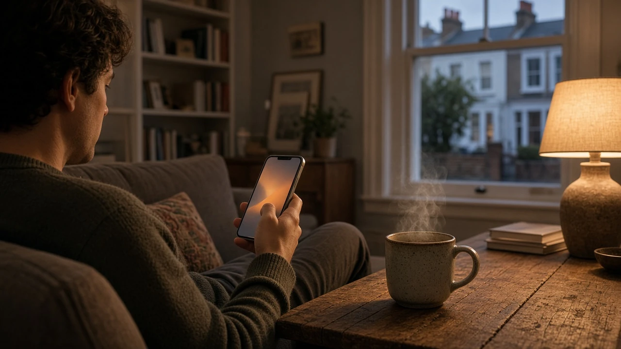 Person holding smartphone in a cozy British living room with tea on the table