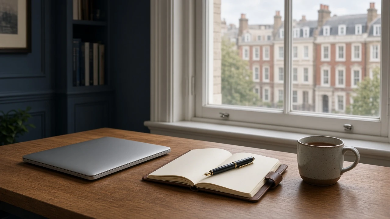 Modern British workspace with a closed laptop, notebook, and tea near a window.