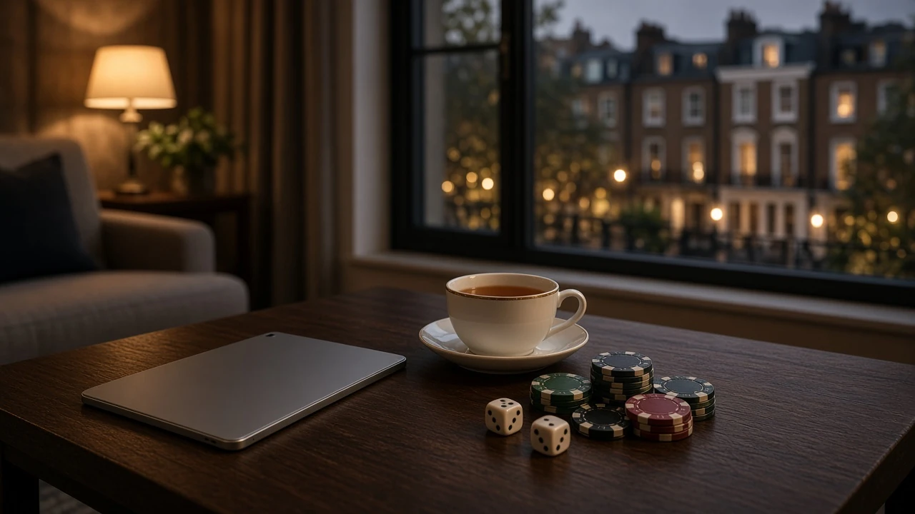 Modern British living room setting with tablet, casino chips, and warm ambient lighting