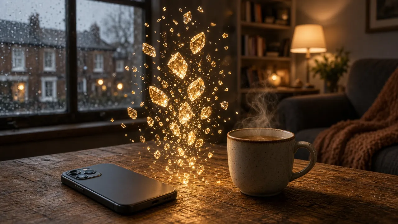 Smartphone on a wooden table beside a warm cup of tea in a British interior.