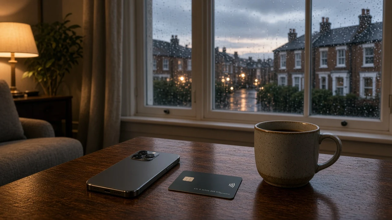 Modern smartphone and contactless payment card on a wooden table with London city view