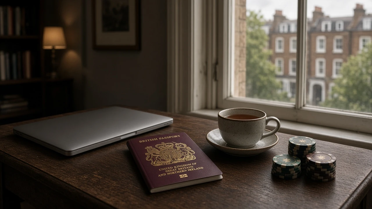 Closed laptop next to a passport and casino chips on a wooden desk in London