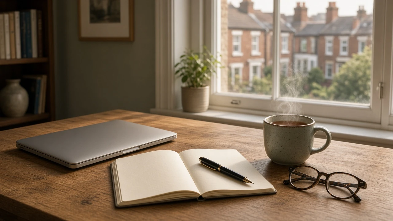 A warm modern desk setup with a laptop, notebook, pen, and cup of tea.