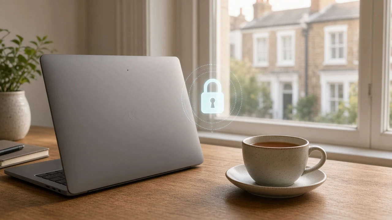 Laptop on a wooden office desk next to tea, symbolizing privacy and digital security.