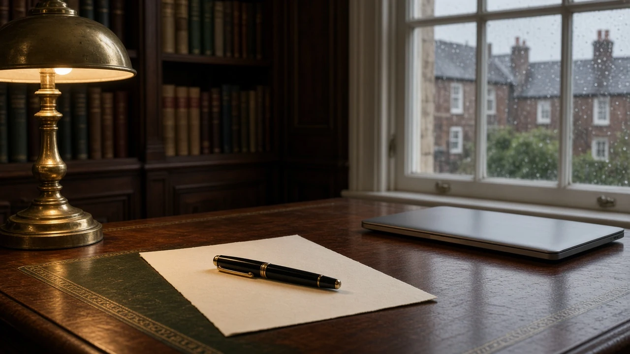 Fountain pen and paper on a wooden desk in a classic British study room.