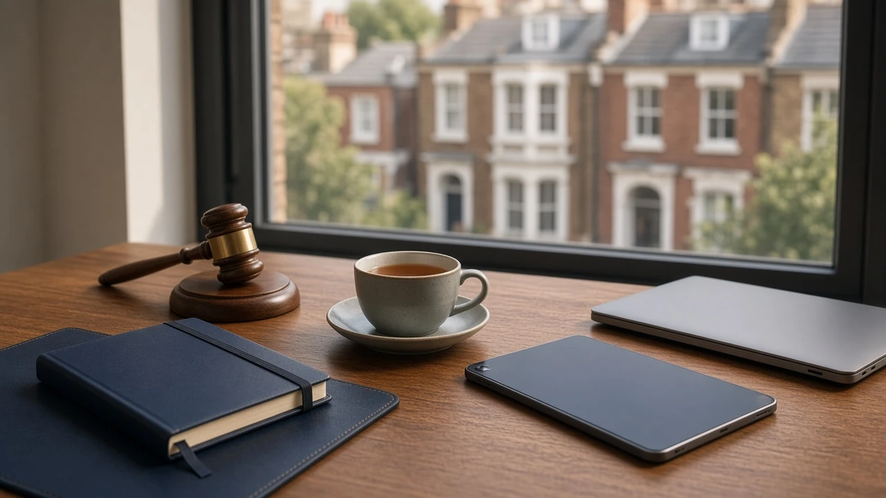 A legal notebook, small wooden gavel, and modern digital devices on a British office desk.