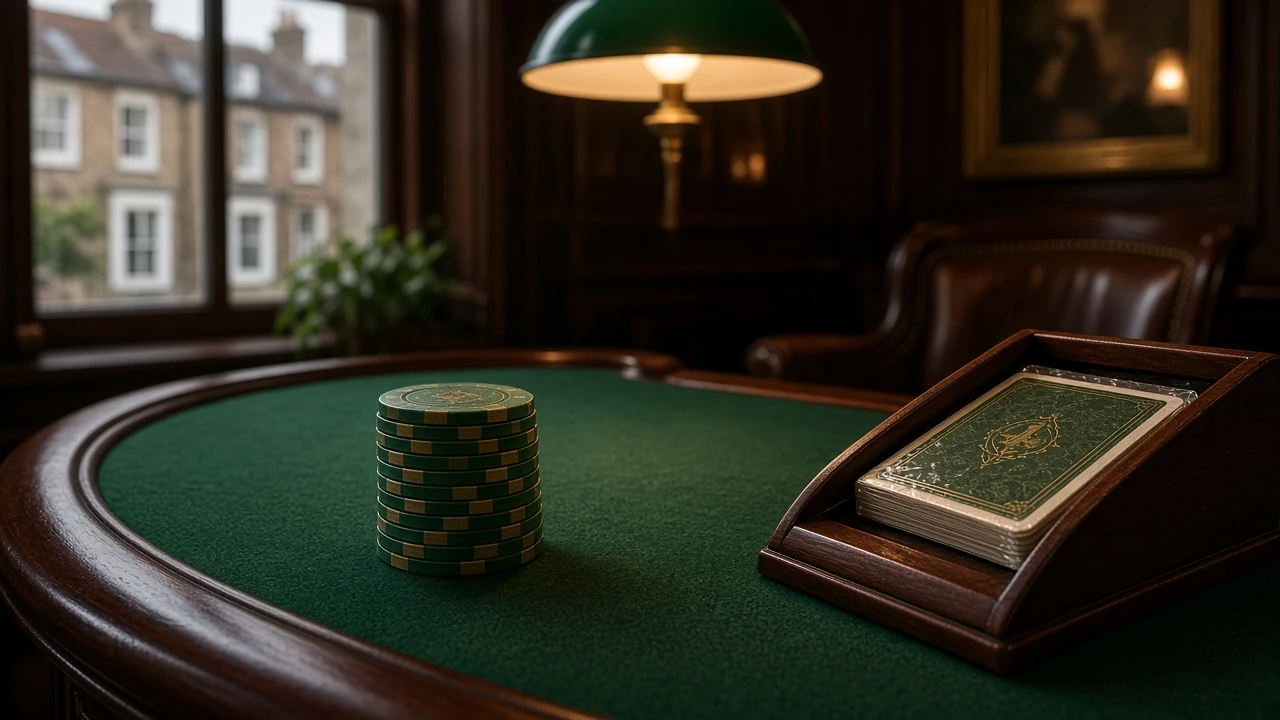 Gaming chips and playing card deck resting on green felt casino cloth.