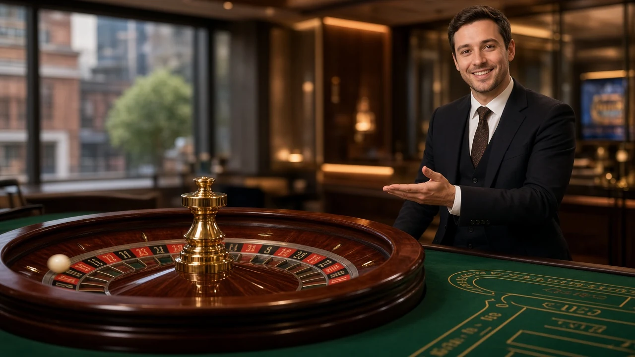 Professional live roulette dealer at a classic wooden roulette wheel in a studio