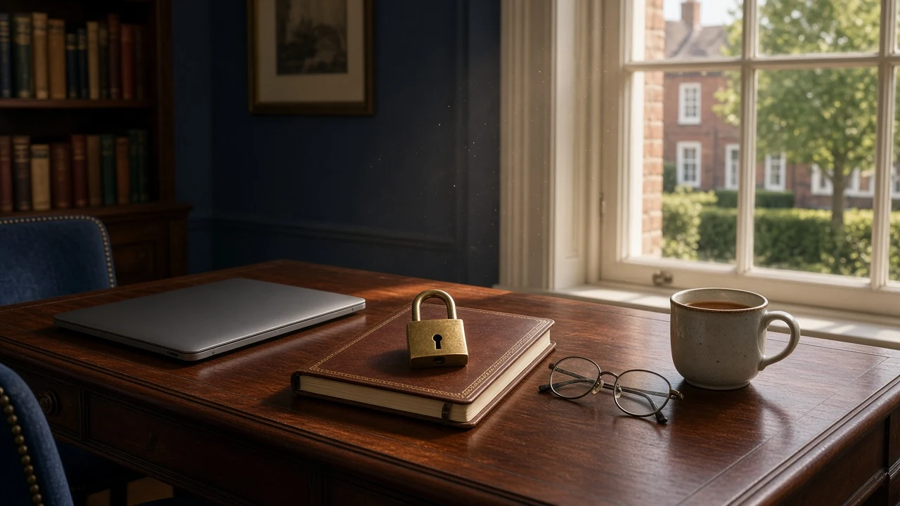 A brass padlock beside a closed laptop and notebook on a wooden desk.