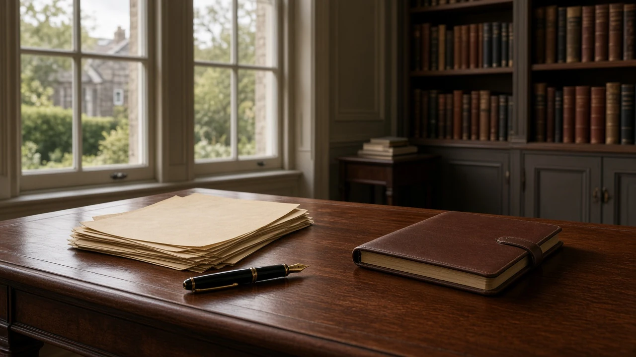 Fountain pen and paper documents resting on a classic wooden office desk in natural light